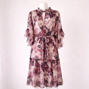 MISA Los Angeles Floral Chiffon Midi Dress Size XS Ruffle Sleeve Tie Waist NWOT